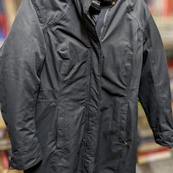 Black Marmot Montreax Parka Coat with Faux Fur Edged Hood, Lg - Picture 2 of 5